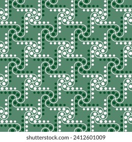 Seamless geometric pattern with wavy lines and balls on a green background. Vector graphics.