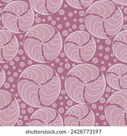 Seamless geometric pattern with wavy lines, spirals and circles on a lilac background. Vector graphics.