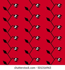 Seamless geometric pattern with wavy stems of flowers on the red background. Seamless pattern with vertical garlands of delicate flowers.Elegant floral garlands in black and white colors. Vector.