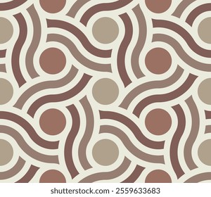 Seamless geometric pattern with a weave of wavy lines and circles in a modern, intricate mosaic design. Abstract vector illustration.