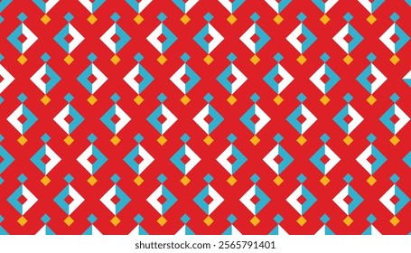 Seamless geometric pattern of white and blue half rhombus shapes with small orange rhombus accents on a red background