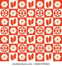 Seamless geometric pattern with white daisies floral on a red and off-white checkerboard background. Bold and stylish design