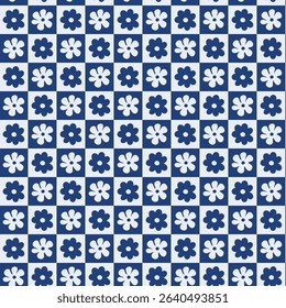 Seamless geometric pattern with white flower tiles on navy blue background in retro square layout	