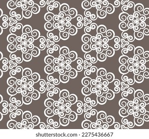 Seamless geometric pattern with white flowers and swirls. Vector art.