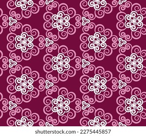 Seamless geometric pattern with white flowers and swirls. Vector art.