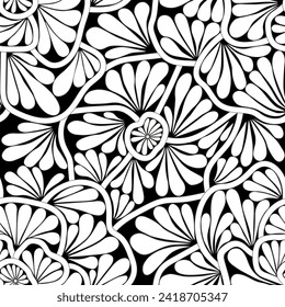 Patrón geométrico sin foco con flores blancas y hojas sobre un fondo negro. Gráficos vectoriales.