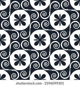 Seamless geometric pattern with white flowers and swirls on a blue background. Vector graphics.