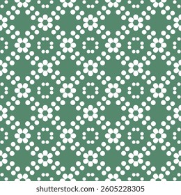 Seamless geometric pattern with white flowers, circles on a green background. Vector graphics.