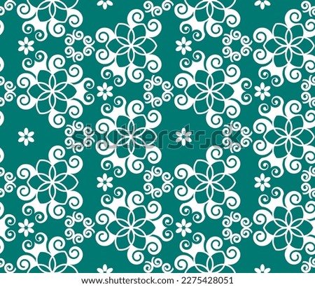 Seamless geometric pattern with white flowers and swirls. Vector art.