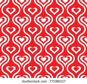 Seamless geometric pattern with white hearts and stripes on red background.