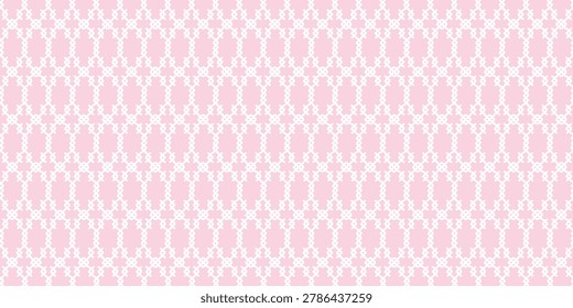 Seamless geometric pattern with white interlocking lattice on a pastel pink background.