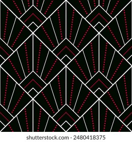 Seamless geometric pattern from white lines and red dots on black background. Vector decorative square diagonal ornament. Strict monochrome design. Mosaic tile background for design project.