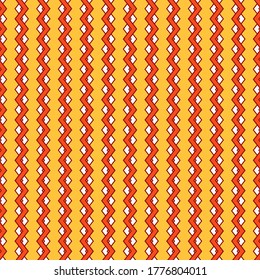Seamless geometric pattern of white and pomegranate vertical zigzags on a yellow background. Great for decorating fabrics, textiles, gift wrapping, printed matter, interiors, advertising.