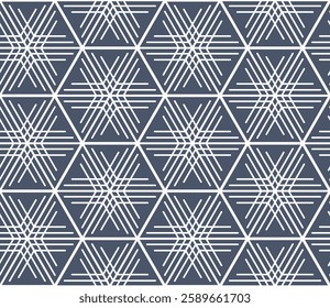 Seamless geometric pattern with white snowflakes on a blue background. Vector graphics.