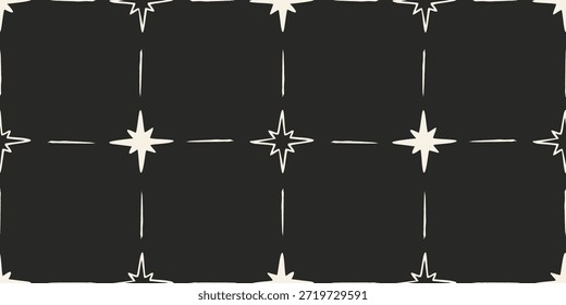 Seamless geometric pattern with white star shapes, abstract check or tile. Trendy vector illustration on black background, hand drawn