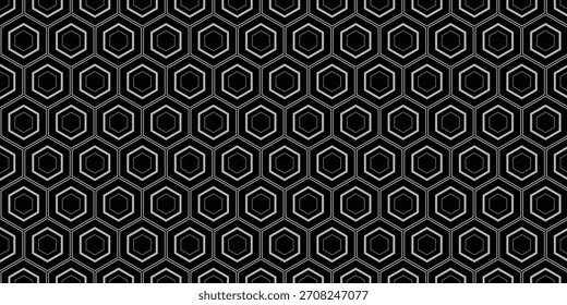 Un patrón geométrico sin fisuras de hexágonos a rayas blancas sobre un fondo negro, creando un diseño abstracto moderno, audaz y futurista.