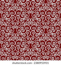 Seamless geometric pattern with white swirls on a burgundy background. Vector art.