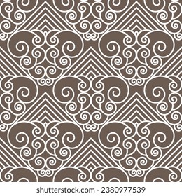 Seamless geometric pattern with white swirls on a gray background. Vector art.