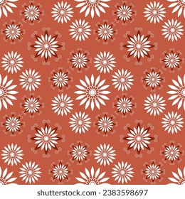 Patrón geométrico sin soldadura con remolinos blancos y flores sobre un fondo rojo. Arte vectorial.