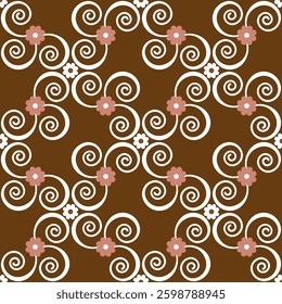 Seamless geometric pattern with white swirls and flowers on a brown background. Vector graphics.