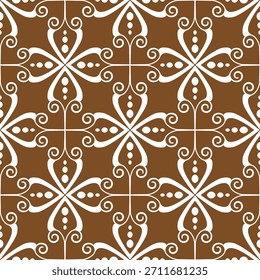 Seamless geometric pattern with white swirls and wavy lines on a brown background. Vector graphics.