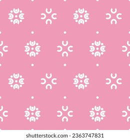 Seamless geometric pattern with white symbols on pink background. Simple monochrome doughnut shapes and circles for wallpaper, wrapping, print, texture.