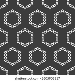 A seamless geometric pattern of white twisted circular motifs on a dark background, resembling looped rope or chain designs in a clean, minimal style.