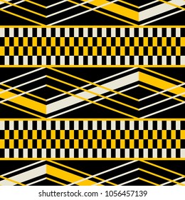 Seamless geometric pattern with wide horizontal stripes. Yellow, black, dusty white colors. Retro fashion vector print