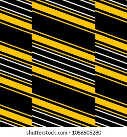 Seamless geometric pattern of wide vertical stripes with diagonal lines inside. Retro fashion print in yellow, black, dusty white colors