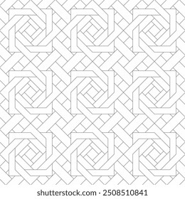 Seamless geometric pattern with woven motif, consisting of intertwined thin lines. Suitable for various creative projects or decorative elements.