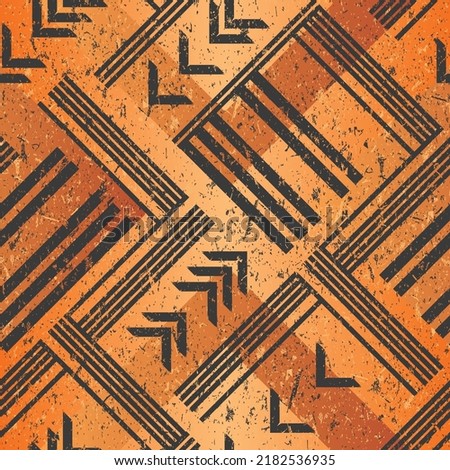 Seamless Geometric Pattern, Yellow Background, Arrows and Lines, Grunge Texture