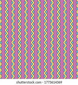 Seamless geometric pattern of yellow and blue zigzags, magenta background. Great for decorating fabrics, textiles, gift wrapping design, any printed materials, advertising, or other design. 