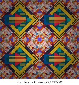 Seamless geometric pattern. Yellow, blue and violet background. Vector seamless pattern. Colorful texture. Abstract geometric pattern. Geometric background with rhombus, dots and nodes.