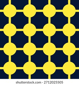 Seamless geometric pattern with yellow circles connected by lines on dark navy blue background. Yellow dots and grid lines forming a molecular or technology network system.