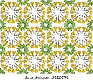 Nahtlose geometrische Muster gelber Blumen und grüner Blätter. Vektorgrafik von Textildesign, Stoff, Tapete