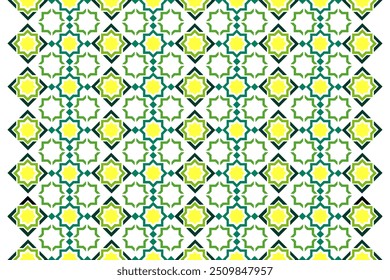 Seamless geometric pattern with yellow and green stars on a white background islamic. Perfect for wallpaper, textile, and graphic design.