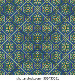 Seamless geometric pattern, yellow green diamond on a blue background, vector illustration 