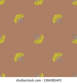 Seamless geometric pattern with yellow and grey viburnum berries on brown background. Warm earthy colors. Repeat botanical pattern. Vector illustration.