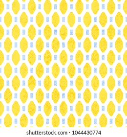 Seamless geometric pattern. Yellow, lemon, blue and white colors. Grunge texture. Vintage background. Vector illustration.