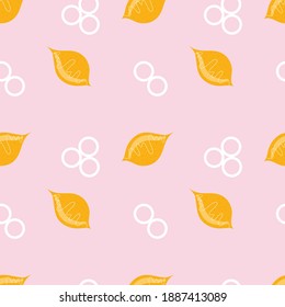 Seamless geometric pattern with yellow lemon and white circles on a pink background. Vector illustration.