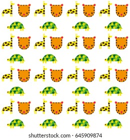 Seamless geometric pattern with yellow tiger, lion, giraffe, green turtle. Repeating vector abstract background.