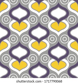 Seamless geometric pattern with yellow violet wavy lines. Vector art.