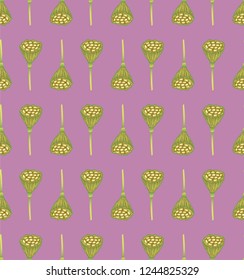Seamless geometric pattern with yellow-green lotus pods on purple background. Repeat botanical pattern. Vector illustration.