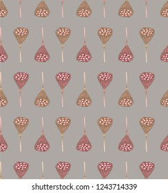 Seamless geometric pattern with yellowish and pinkish lotus pods on light gray background. Repeat botanical pattern. Vector illustration.