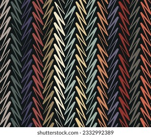 Seamless geometric pattern with zigzag multicolored parallel lines on a black background. Modern ethnic tribal style. Striped texture. Vector illustration for textile, fabric, wrapping, and print. 