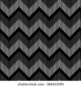Seamless geometric pattern in zigzag repetitive fine lines. In two colors white lines on a black background.