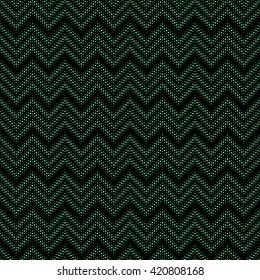 Seamless geometric pattern in zigzag repetitive lines consisting of small dots circles. The two colors of bright green neon small circles on a black background.