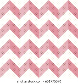 Seamless Geometric pattern with zigzags. Pink & White background with golden dots pattern. Abstract 