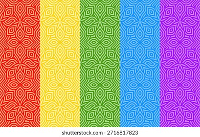 Seamless Geometric Patterns with 5 Color Variations. Colorful seamless geometric pattern featuring repeating abstract line shapes in red, yellow, green, blue, and purple tones. Suitable for background, wallpaper, textile, wrapping paper, and modern graphic design.