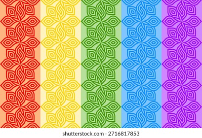 Nahtlose geometrische Muster mit 5 Farbvariationen. Farbiges, nahtloses geometrisches Muster mit sich wiederholenden abstrakten Linienformen in Rot-, Gelb-, Grün-, Blau- und Lilatönen. Geeignet für Hintergrund, Tapete, Textilien, Packpapier und modernes Grafikdesign.